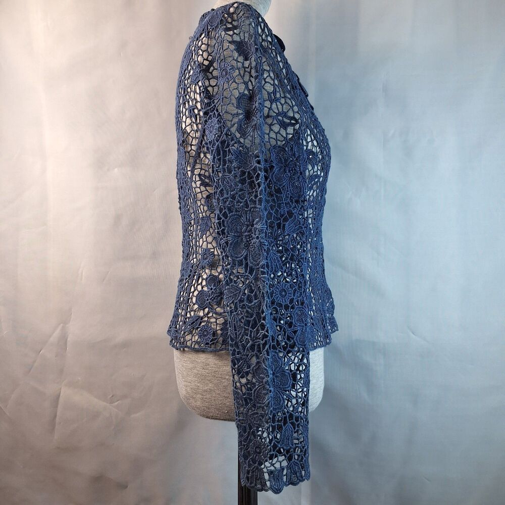 Lafei-nier Boho Floral Crochet Lace Jacket Cardigan Top Denim Color Rhinestones - Picture 2 of 9